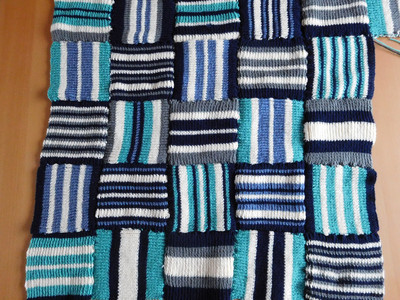 Christine C. Knee blanket, stripey squares, knitted.JPG